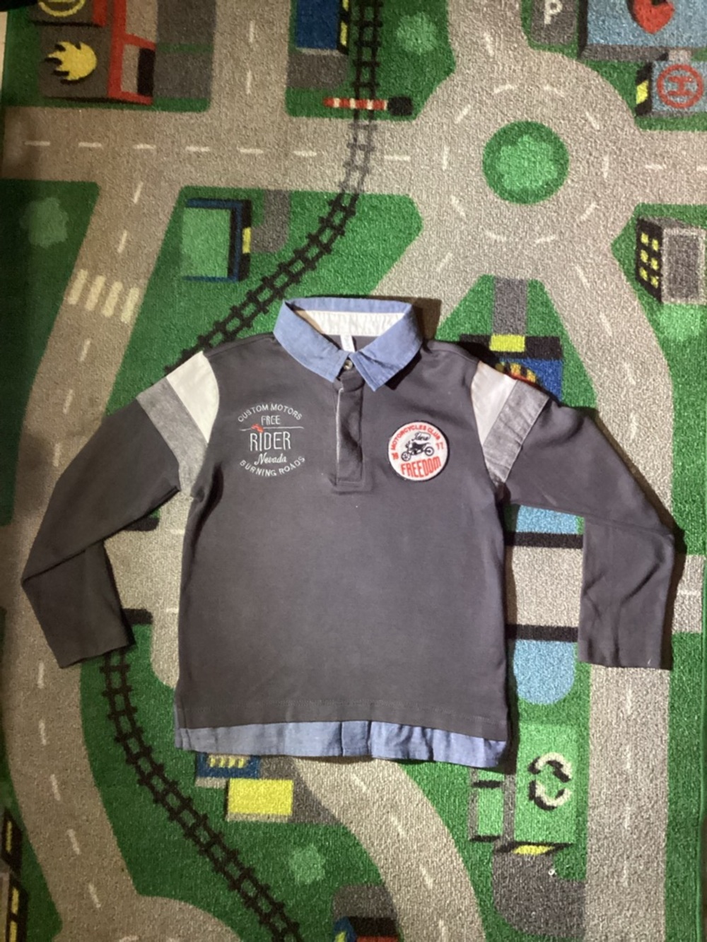 Boys Long-Sleeve Navy Polo with Chambray Collar